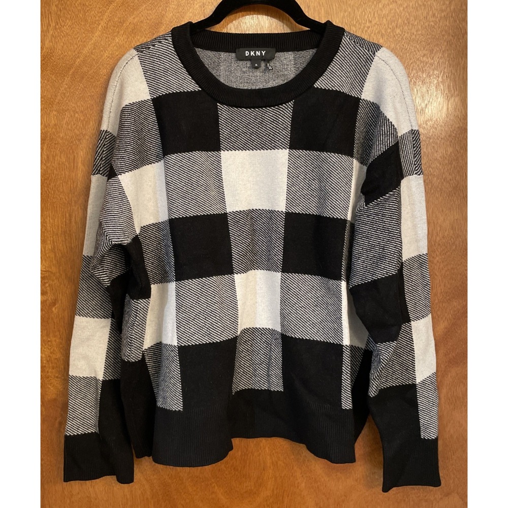 DKNY Knit Pullover Sweater Plaid Black White Houndstooth Classic Women's Size XL